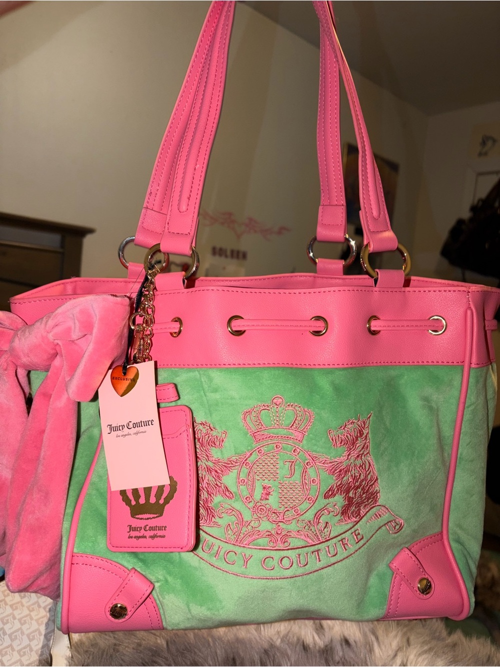 Juicy Couture Pink & Mint Crest Embroidered Tote